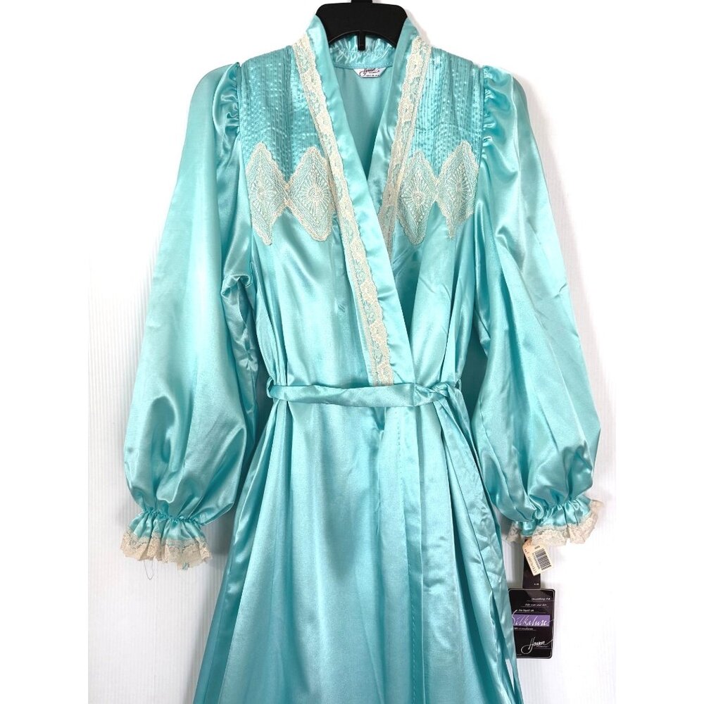 size S Vintage Aqua Satin Robe Lace Trim Silkalure Women's Long Sleeves Belted s - Picture 4 of 9